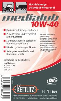 KETTLITZ-Medialub 10W-40 Hochleistungs-Leichtlauf Motorenöl API CI-4; ACEA, E6, E7, E9 - 1 Liter Gebinde
